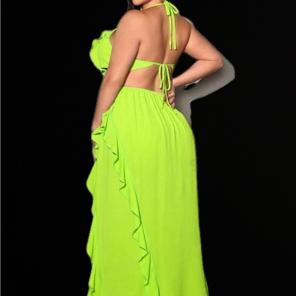 Green Tropical Vibrant Halter Neck Sleeveless Backless Dress with Ruffles - Picture 2 of 2